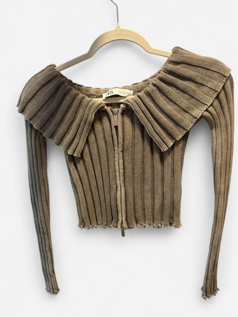 Zara Ribbed Fold-Over Collar Zip Crop Top - Brown
